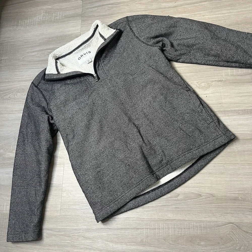 Orvis Brighton Mens Medium Black Sherpa Lined‎ Sweater 1/4 Zip Long Sleeve
